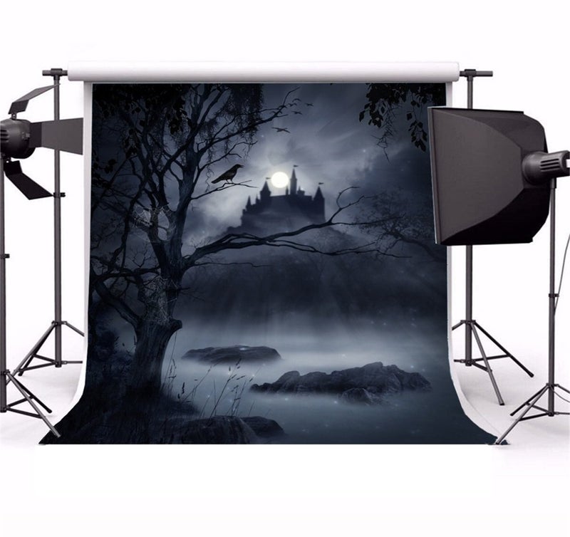Laeacco Halloween Theme Backdrop 10x10ft Moonlight Foggy Wood Creepy River Haunted Castle Photography Background Ghastly Tree Cobweb Horror Night Halloween Party Banner Trick Or Treat Decoration - Image 2